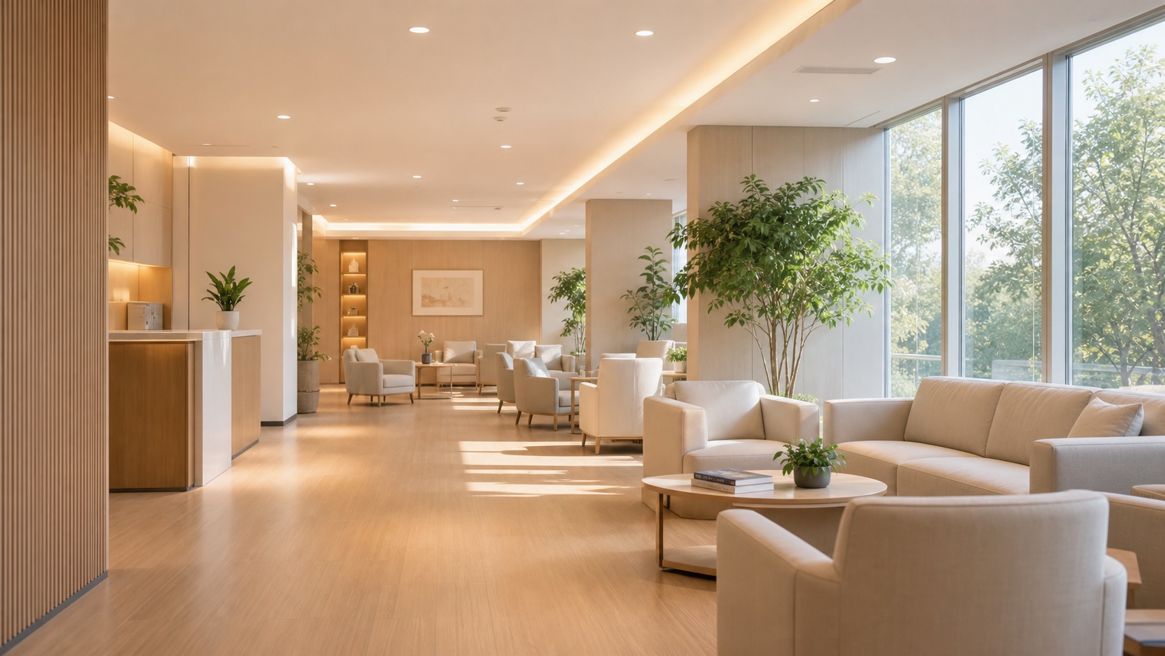 Calm private healthcare lounge for overseas patient access coordination planning