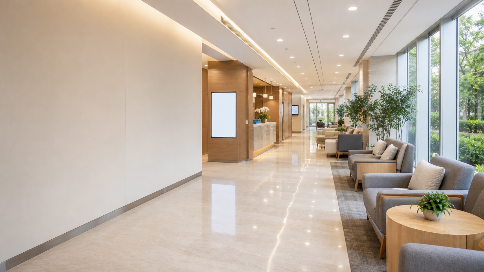 Calm healthcare waiting and wayfinding area for planned China visit coordination